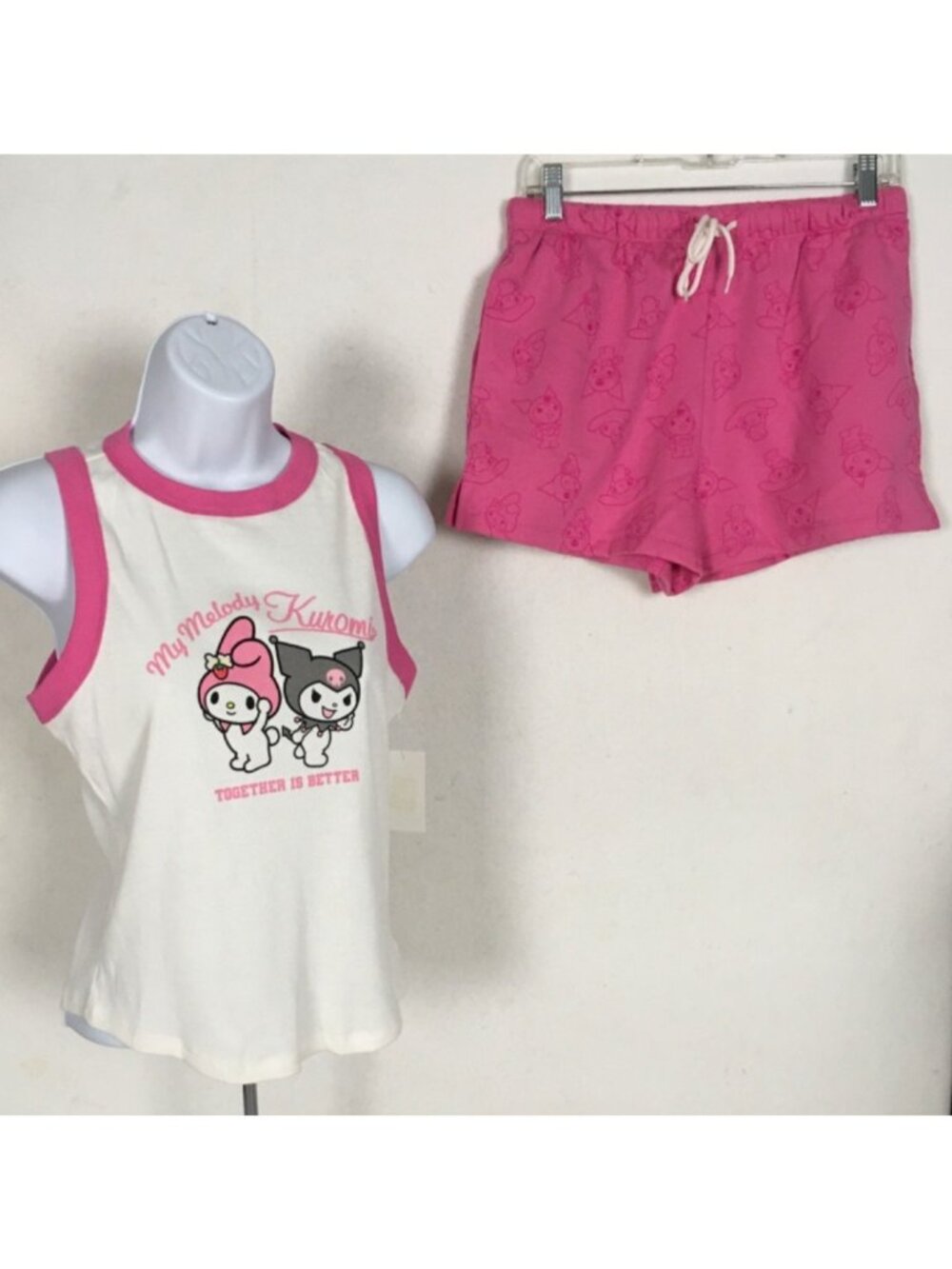 Kuromi My Melody Top Short Set Size M 8 to 10 White Pink Together is Better New